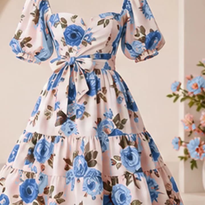 Vestido floral romántico · Celeste