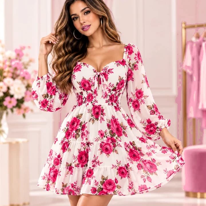 Vestido floral con modelo · Rosa rubor