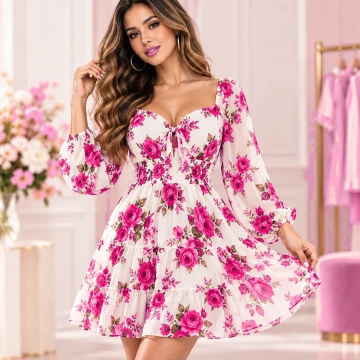 Vestido floral con modelo · Fucsia