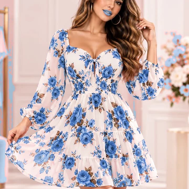 Vestido floral con modelo · Celeste