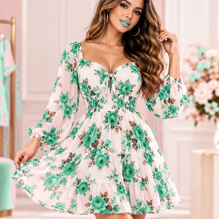 Vestido floral con modelo · Menta