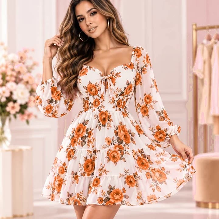 Vestido floral con modelo · Champán