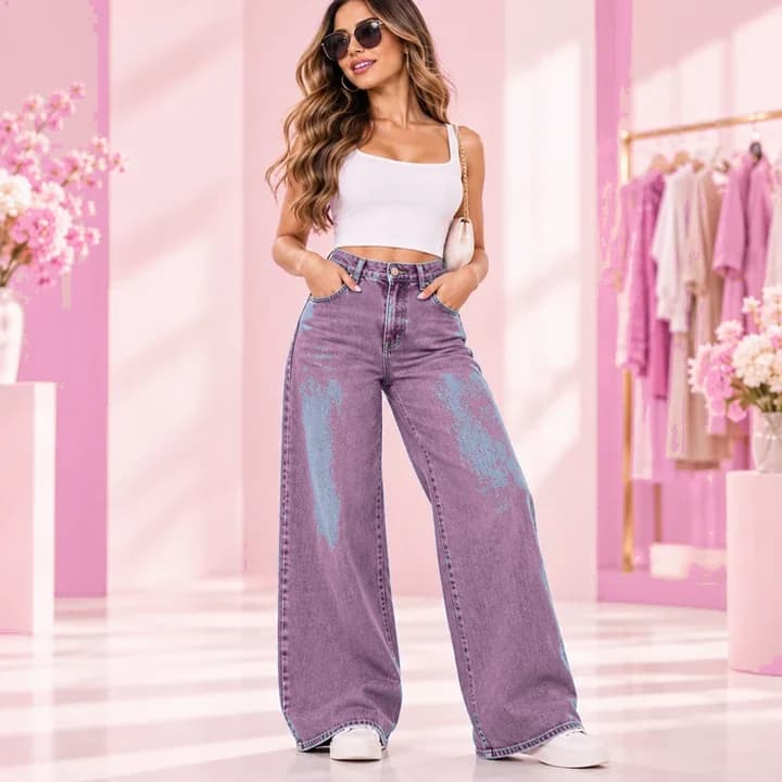 Jean acampanado con modelo · Fucsia