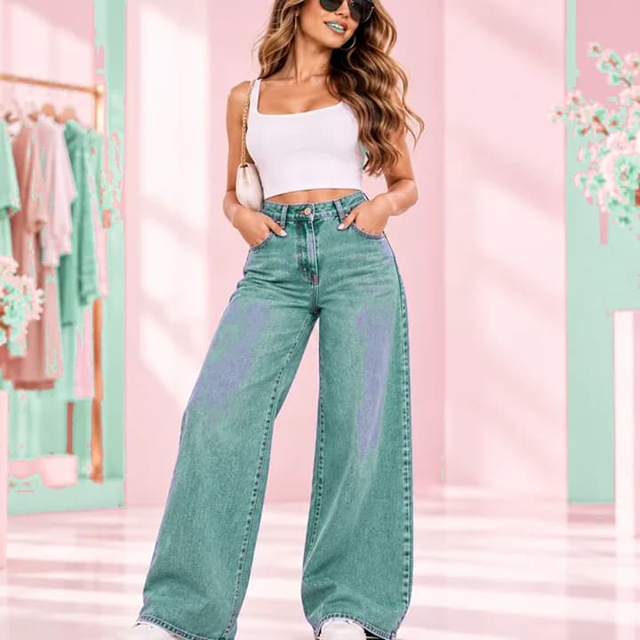 Jean acampanado con modelo · Menta